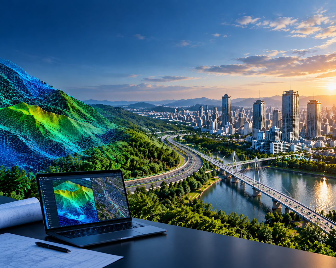 TriCAD surveyor using total station equipment overlooking a city, with digital twin data overlays and geospatial mapping on a laptop