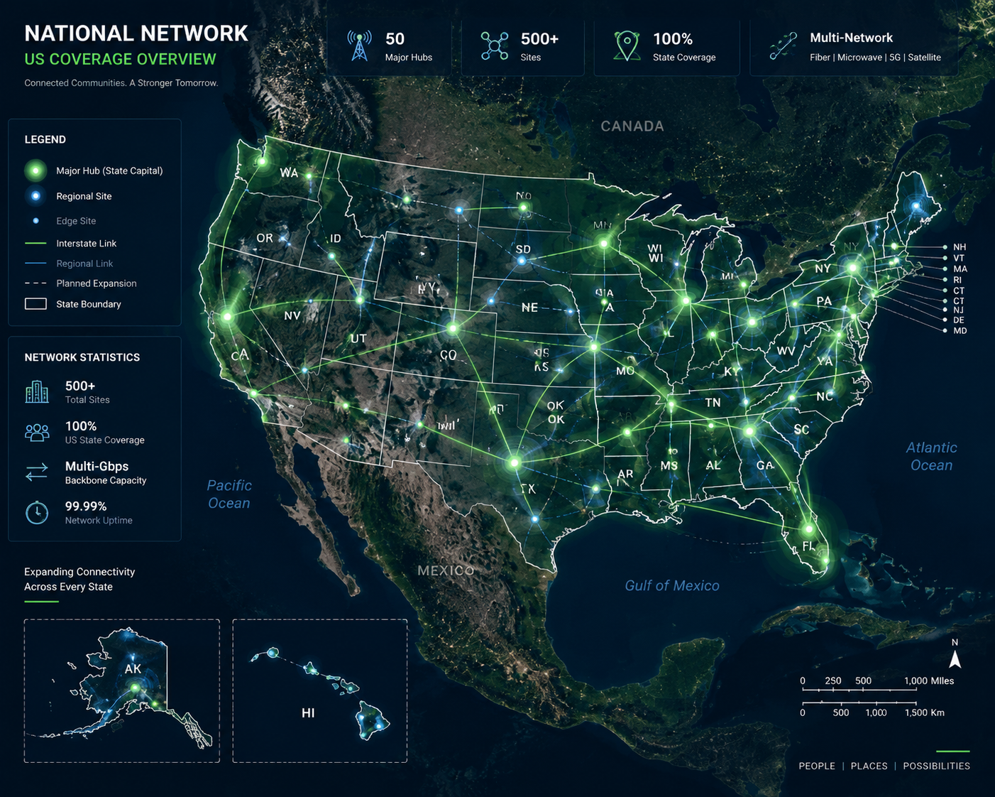 National network coverage map showing TriCAD's telecom infrastructure across the United States