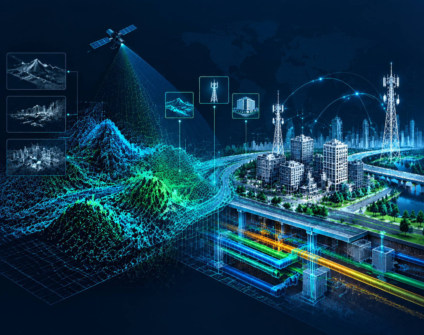 Satellite and LiDAR point-cloud data transforming into telecom, infrastructure and utility digital twins